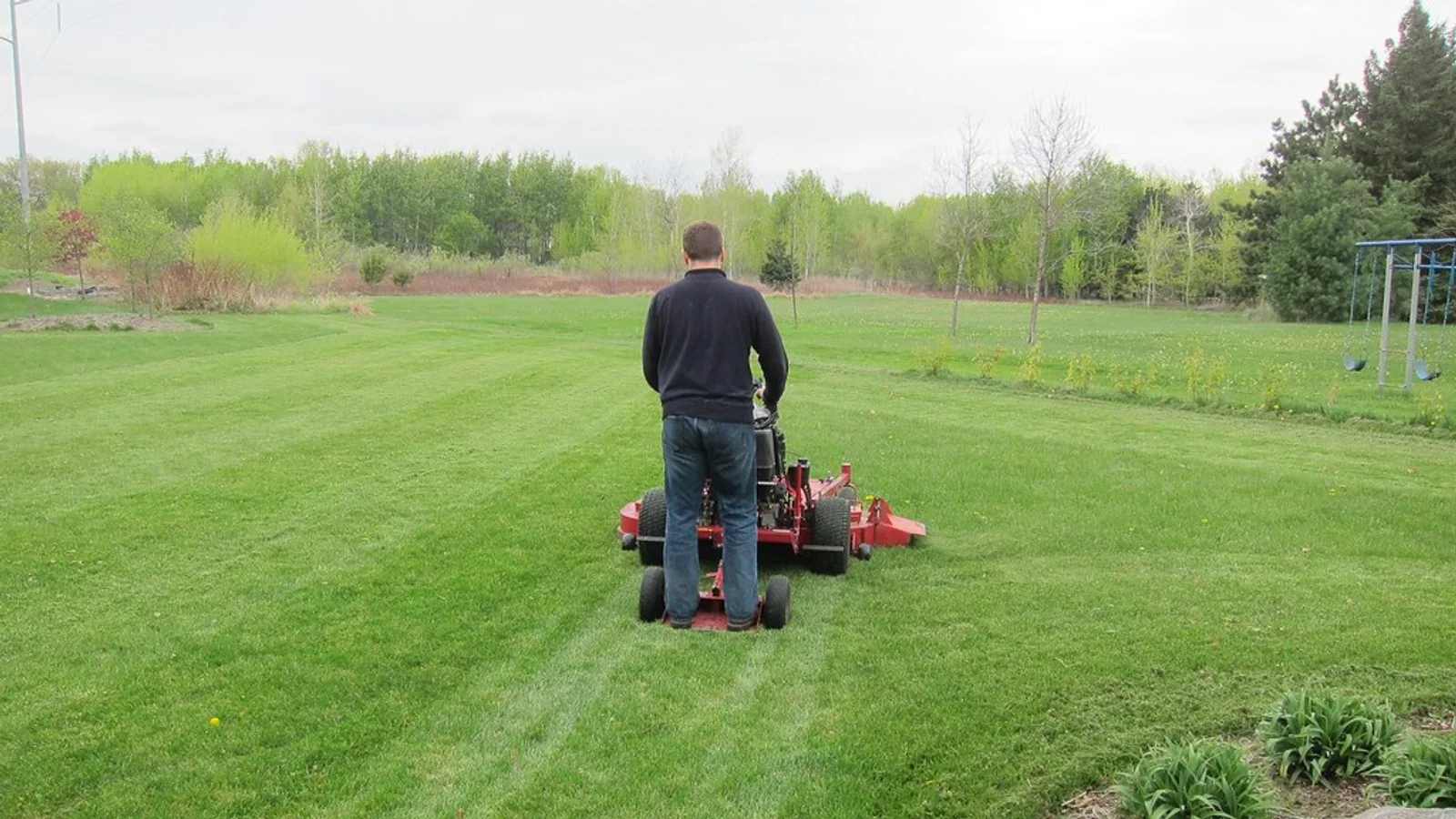 A person seen from behind operates a wide red mower across a large lawn.