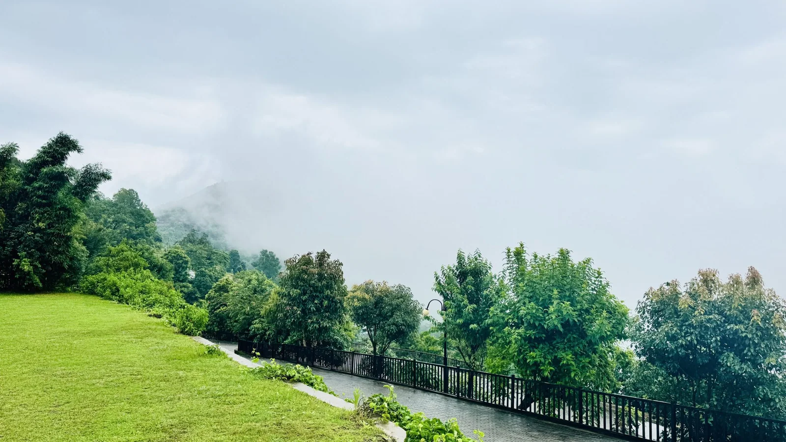 Broad green lawn beside a paved path, mature trees, and a black fence beneath a cloudy sky