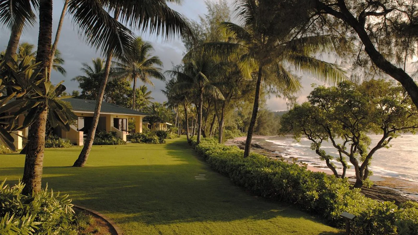 A maintained green lawn runs beside palm trees and a rocky shoreline.